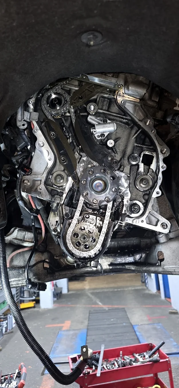 Exposed timing chain work in progress at AB Auto Services